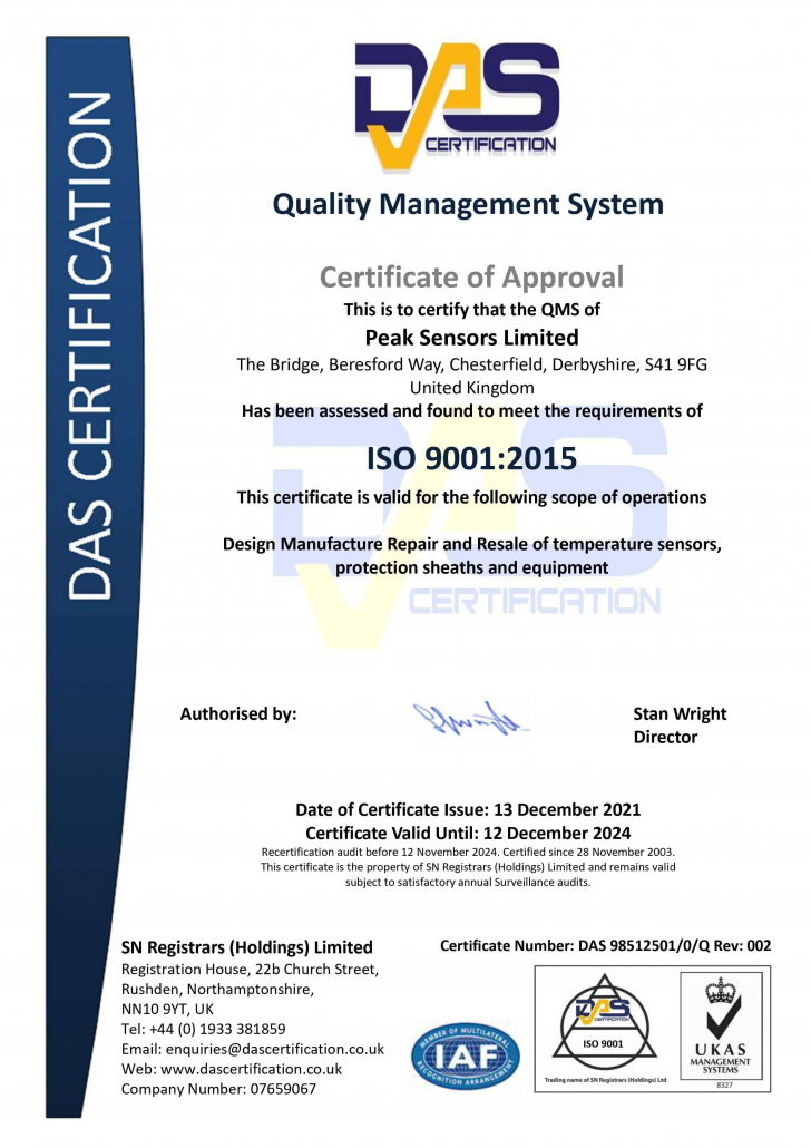Quality Management System - Certificate of Approval of Peak Sensors Limited